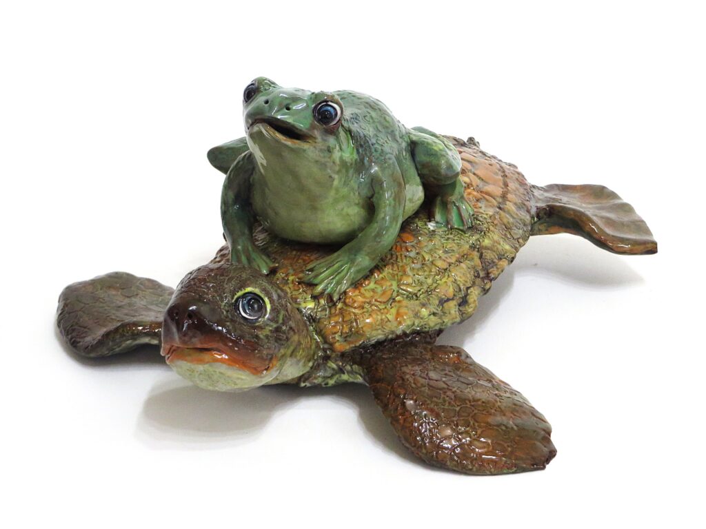 Mary Jane Lundy, Sea Turtle and Bull Frog, Glazed clay